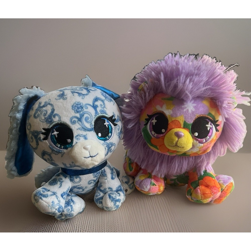 Gund P.Lushes Pets Blue Lin LeBleu Dog & Purple "Farrah Meadows" Lion Plushes